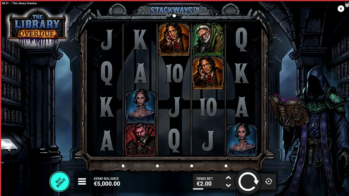 Tampilan visual mencekam dari slot The Library Overdue dengan nuansa gotik.